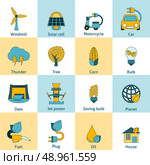 Modern ecologically sustainable energy saving systems flat line icons set with solar cell abstract isolated vector illustration. Стоковая иллюстрация, агентство Ingram Publishing / Фотобанк Лори