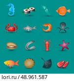 Seafood icons set with fish octopus shrimp stingray isolated vector illustration. Стоковая иллюстрация, агентство Ingram Publishing / Фотобанк Лори