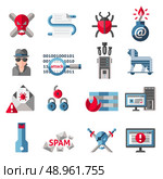 Hacker activity computer and e-mail spam viruses icons set isolated vector illustration. Стоковая иллюстрация, агентство Ingram Publishing / Фотобанк Лори
