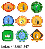 Cleaning label set with vacuuming sweep window wash isolated vector illustration. Стоковая иллюстрация, агентство Ingram Publishing / Фотобанк Лори