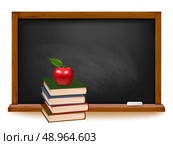 School books with apple on desk. School board background. Vector. . Стоковая иллюстрация, агентство Ingram Publishing / Фотобанк Лори
