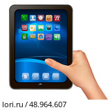 A hand holding digital tablet computer with icons. Vector illustration . Стоковая иллюстрация, агентство Ingram Publishing / Фотобанк Лори
