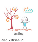 a man stands next to a tree on which grow smilies. Стоковая иллюстрация, агентство Ingram Publishing / Фотобанк Лори