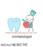 stomatologist    with apple standing near a large tooth. Стоковая иллюстрация, агентство Ingram Publishing / Фотобанк Лори
