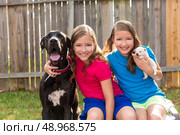 Twin sisters puppy pet dog and great dane playing together. Стоковое фото, агентство Ingram Publishing / Фотобанк Лори