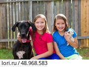 Twin sisters puppy pet dog and great dane playing together. Стоковое фото, агентство Ingram Publishing / Фотобанк Лори