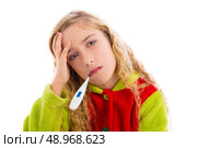 blond girl with thermometer and flu cold in pyjama and sad grumpy face. Стоковое фото, агентство Ingram Publishing / Фотобанк Лори