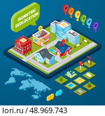 Isometric geolocation concept with town houses private and office buildings and gps icons 3d vector illustration. Стоковая иллюстрация, агентство Ingram Publishing / Фотобанк Лори