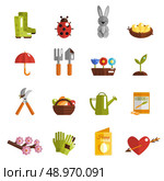 Spring icon flat set with gumboots ladybug eggs plant isolated vector illustration. Стоковая иллюстрация, агентство Ingram Publishing / Фотобанк Лори
