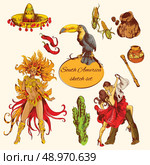 South america colored sketch symbols set with coffee maize tango isolated vector illustration. Стоковая иллюстрация, агентство Ingram Publishing / Фотобанк Лори