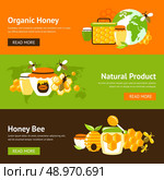 Honey organic natural product drop comb bee hive and cell food agriculture flat banner set isolated vector illustration. Стоковая иллюстрация, агентство Ingram Publishing / Фотобанк Лори
