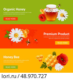 Honey natural organic product food decorative banners set with daisy bumblebee honeycomb isolated vector illustration. Стоковая иллюстрация, агентство Ingram Publishing / Фотобанк Лори