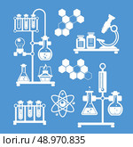 Chemistry decorative icons white set with laboratory flasks tubes isolated vector illustration. Стоковая иллюстрация, агентство Ingram Publishing / Фотобанк Лори