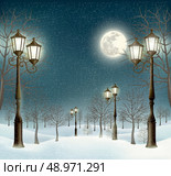 Christmas evening winter landscape with lampposts. Vector. . Стоковая иллюстрация, агентство Ingram Publishing / Фотобанк Лори