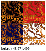 Set of seamless patterns with handdrawn Gold chains on black, red, blue and white backgrounds. Стоковая иллюстрация, агентство Ingram Publishing / Фотобанк Лори