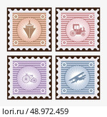 Set of old postage stamps with the image of vehicles, car, airplane, bicycle, ship. Стоковая иллюстрация, агентство Ingram Publishing / Фотобанк Лори