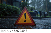 Предупреждающий знак на мокрой дороге / Warning sign on wet road. Стоковое AI-изображение, AI-художник Валерий Лукин / Фотобанк Лори