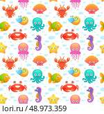 Cute collection of cartoon sea animals characters for children dormitory wallpaper decorative tileable abstract seamless vector illustration. Стоковая иллюстрация, агентство Ingram Publishing / Фотобанк Лори