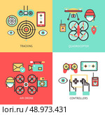 Drone design concept set isolated with tracking quadrocopter air controllers flat icons isolated vector illustration. Стоковая иллюстрация, агентство Ingram Publishing / Фотобанк Лори