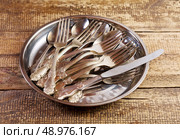 Vintage silverware on wooden background. Стоковое фото, агентство Ingram Publishing / Фотобанк Лори