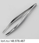Stainless steel tweezers resting on a white surface after being cleaned. Пинцет из нержавеющей стали лежит на белой поверхности после очистки. Стоковое AI-изображение, AI-художник Katsiaryna Repich / Фотобанк Лори