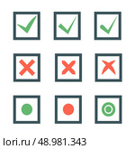 Check marks or ticks in boxes set. Positive and negative passed voting agreement true or completion of tasks on a list in red and green color. Стоковая иллюстрация, агентство Ingram Publishing / Фотобанк Лори