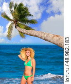 blond tourist girl in a tropical summer beach happy vacations Caribbean coconut palm tree. Стоковое фото, агентство Ingram Publishing / Фотобанк Лори