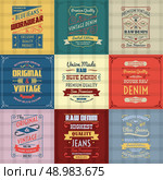 Original authentic denim jeans genuine typography labels emblems design icons collection colored background abstract isolated vector illustration. Denim typography background color set. Стоковая иллюстрация, агентство Ingram Publishing / Фотобанк Лори
