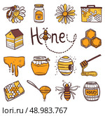 Honey hand drawn decorative icons set with beehive wax cell flying bee isolated vector illustration. Стоковая иллюстрация, агентство Ingram Publishing / Фотобанк Лори