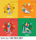 Exercise machines design concept set with bike rowing machine stepper treadmill flat icons isolated vector illustration. Стоковая иллюстрация, агентство Ingram Publishing / Фотобанк Лори
