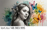 Монохромный портрет девушки на цветном фоне;Monochrome portrait of a girl on a colored background; Стоковое AI-изображение, AI-художник Наталья Расюк / Фотобанк Лори