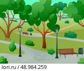 Summer park alley 2d game landscape flat background vector illustration. Park Landscape Flat. Стоковая иллюстрация, агентство Ingram Publishing / Фотобанк Лори