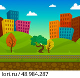 Railway 2d game landscape with city houses on background flat vector illustration. Railway Landscape. Стоковая иллюстрация, агентство Ingram Publishing / Фотобанк Лори