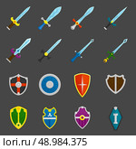 Antique weapon color icons set with heraldic battle shields and crusader knights swords abstract isolated vector illustration. Стоковая иллюстрация, агентство Ingram Publishing / Фотобанк Лори
