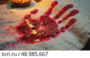 A close-up of a bloodied handprint on a white cloth, symbolizing sacrifice, illuminated by the dim glow of a single oil lamp. Стоковое AI-видео, аниматор Sergey Grishin / Фотобанк Лори