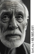 A close-up of an old man's face streaked with sadness and thoughtful as he listens to a lamentation song, the shadows of tree branches dancing across his face. Стоковое AI-видео, аниматор Sergey Grishin / Фотобанк Лори
