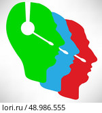 three head profile silhouettes with headsets on grey background. Стоковая иллюстрация, агентство Ingram Publishing / Фотобанк Лори