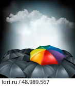 A rainbow umbrella amongst grey ones. Uniqueness concept. Vector. Стоковая иллюстрация, агентство Ingram Publishing / Фотобанк Лори