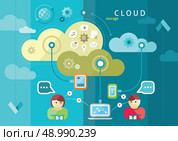 Cloud computing internet concept with a lot of icons tablet smartphone computer desktop monitor user downloads flat design cartoon style. Стоковая иллюстрация, агентство Ingram Publishing / Фотобанк Лори