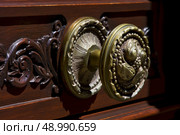 brass brown knocker in a closed wood  door colonia del sacramento uruguay. Стоковое фото, агентство Ingram Publishing / Фотобанк Лори