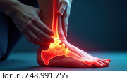 Digital bone on the human foot. Man suffering from knee pain. Injury caused by training. Tendon problems. Panoramic banner with copy space. Стоковое AI-изображение, AI-художник Sergey Grishin / Фотобанк Лори