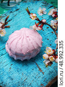 fragrant dessert marshmallows on green-blue wooden surface amid the branches of blossoming apricot. fragrant marshmallows . Стоковое фото, агентство Ingram Publishing / Фотобанк Лори