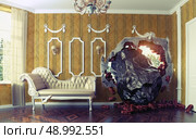 Meteorite enters the room. Photo combination creative concept. Стоковое фото, агентство Ingram Publishing / Фотобанк Лори