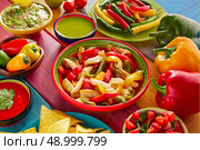 Chicken fajitas with mexican food guacamole pico de gallo chili peppers sauce and nachos. Стоковое фото, агентство Ingram Publishing / Фотобанк Лори