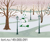 Winter park 2d game landscape with trees covered with snow flat vector illustration. Winter Park Landscape. Стоковая иллюстрация, агентство Ingram Publishing / Фотобанк Лори
