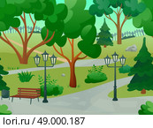 Park 2d game landscape with trees streetlights and bench flat vector illustration. Park Landscape Illustration. Стоковая иллюстрация, агентство Ingram Publishing / Фотобанк Лори