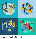 Robot machinery design concept set with transporting sorting processing and manufacture isometric icons isolated vector illustration. Isometric Robot Machinery. Стоковая иллюстрация, агентство Ingram Publishing / Фотобанк Лори