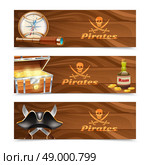 Three horizontal wooden pirate banners with jolly roger rum treasure chest looking glass gold compass and cocked hat isolated vector illustration. Three horizontal pirate banners. Стоковая иллюстрация, агентство Ingram Publishing / Фотобанк Лори