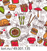 Restaurant symbols seamless pattern doodle sketch. Cafe bar fast food hamburger chips symbols seamless restaurant wrap paper pattern doodle sketch abstract vector illustration. Стоковая иллюстрация, агентство Ingram Publishing / Фотобанк Лори