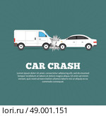 Car crash accident poster with two damaged autos flat vector illustration. Car Crash Poster. Стоковая иллюстрация, агентство Ingram Publishing / Фотобанк Лори